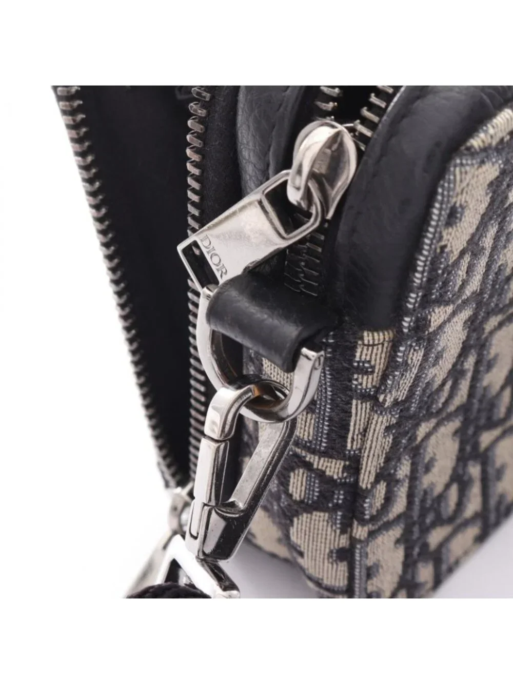 Dior Shoulder Bag Strap Zip Pouch Oblique Ivory Navy Black Canvas Leather